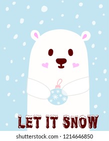 Cute polar bear wishes happy New year and merry Christmas. Christmas card. Blue background with snow. Polar bear with a toy in the new year.