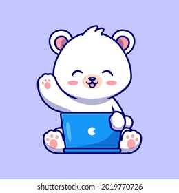 Cute Polar Bear Working On Laptop Cartoon Vector Icon Illustration. Animal Technology Icon Concept Isolated Premium Vector. Flat Cartoon Style