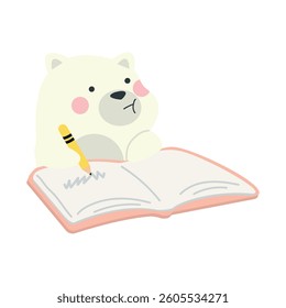 Cute polar bear writing a book cartoon