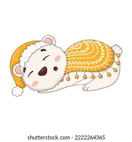 Cute polar bear in a yellow sleeping cap sleeps under a blanket with patterns