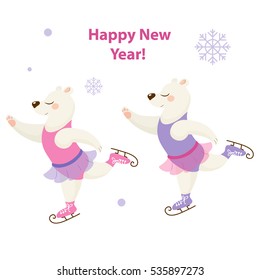 Cute polar bears, beautiful dancer on skates isolated on white background, perfect for new year cards and patterns. Vector illustration