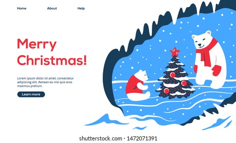Cute polar bears and Christmas tree. Web page design template for Christmas holidays. Modern vector illustration concepts for website and mobile website development. Eps10 vector.