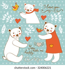 Cute polar bears colorful set with handwritten words You make me happy. Illustration in vector format