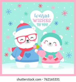 Cute polar bears couple cartoon with snow background for christmas and new year card design