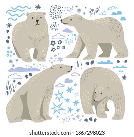 Cute polar bears flat hand drawn vector illustrations. Colorful collection in scandinavian style. Abstract winter animals. Simple element set for design, print, wrapping, decor, card, sticker, banner.