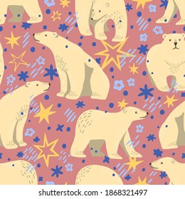 Cute polar bears flat hand drawn vector seamless pattern. Colorful wallpaper in scandinavian style. Abstract winter animals background. Beautiful design for prints, wrap, textile, fabric, decor, card.