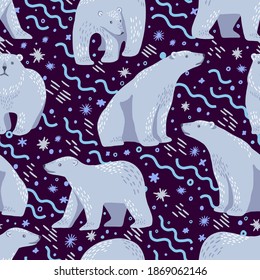 Cute polar bears flat hand drawn vector seamless pattern. Colorful wallpaper in scandinavian style. Abstract winter animals background. Beautiful design for prints, wrap, textile, fabric, decor, card.