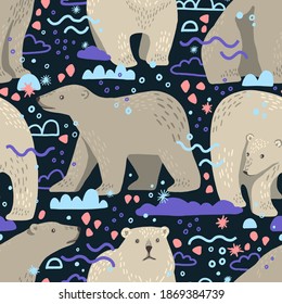 Cute Eisbären flach handgezeichnet Vektor nahtlos Muster. Farbige Tapete im skandinavischen Stil. Abstrakter Hintergrund für Wintertiere. Schönes Design für Drucke, Verpackung, Textilien, Stoff, Dekor, Karte.