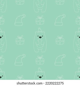 Cute polar bears. Hand drawn illustration. Doodle. Christmas childish pattern. Bears in hat. Gift box. Teddy bear.