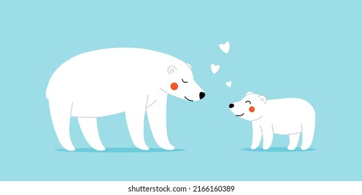 Cute polar bears - a mother and a baby standing on blue background. Arctic vector illustration in cartoon style with funny wild animals for kids textile design, cards, invitations