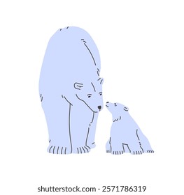 Cute polar bears, mother and baby walk together. Arctic white animal with amusing cub steps on North Pole. Adorable furry family strolls in Antarctica, tundra. Flat isolated vector illustration