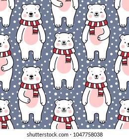 Cute Polar Bears Seamless Pattern, Cartoon Animal Background,  Vector Illustration