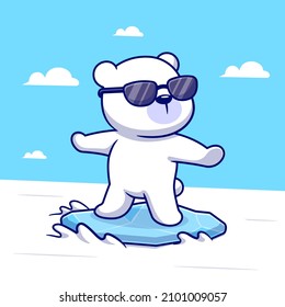 Cute Polar Bears Surfing Cartoon Vector Icon Illustration. Animal Sport Icon Concept Isolated Premium Vector. Flat Cartoon Style