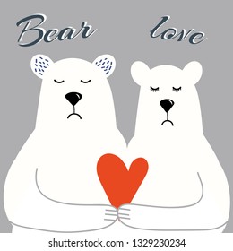 cute polar bears in sweaters, a gentle and cute vector illustration, a bearish couple, joyful hugs, a bear hugging a bear, for design of T-shirts, cards, greetings, postcards, in cartoon style.