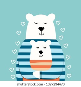 cute polar bears in sweaters, a gentle and cute vector illustration, a bearish couple, joyful hugs, a bear hugging a bear, for design of T-shirts, cards, greetings, postcards, in cartoon style