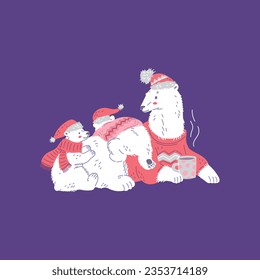 Cute polar bears in sweaters and hats flat style, vector illustration isolated on purple background. Decorative design element for postcards, adult bear and funny cubs, animal family