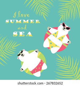 Cute polar bears swimming with rubber ring. Vector illustration