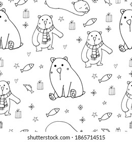 Cute polar bears vector illustration seamless pattern on white background doodle winter characters fish, gifts, snowflakes for packaging design, textiles