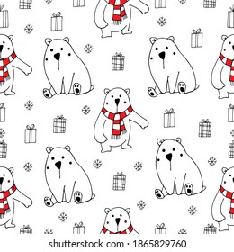 Cute polar bears vector illustration seamless pattern on white background doodle winter characters with gifts, snowflakes for packaging design, textiles