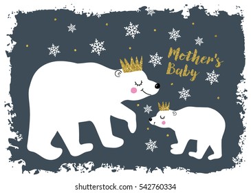 cute polar bears vector/mother and baby polar bears vector/Christmas card with polar bears