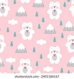 Cute polar teddy bear with clouds and mountains on a pink background. Kawaii animals kids seamless pattern, fabric and textile print design