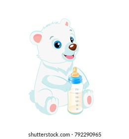 Cute Polar Teddy Bear With Feeding Bottle Cartoon Vector Character. Baby Feed Theme. 