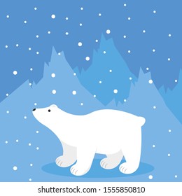 Cute polar white baby bear stands in the snow, sniffs the air. Vector illustration of white bear in flat style. North Pole, snowflakes, winter, cute cartoon arctic animal