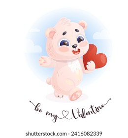 Cute polar white bear with heart. Holiday Valentine card. Funny little animal character in love. Vector illustration in cartoon style