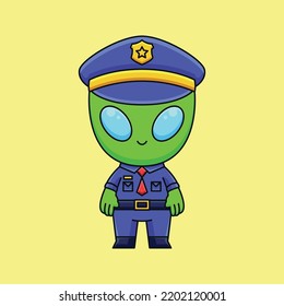 cute police alien cartoon doodle hand drawn concept vector kawaii icon illustration