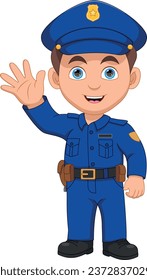 cute police boy waving cartoon