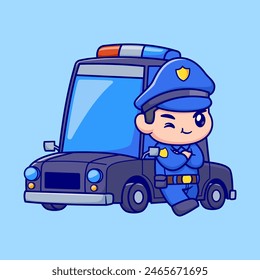 Cute Police With Car Cartoon Vector Icon Illustration. People Transportation Icon Concept Isolated Premium Vector. Flat Cartoon Style