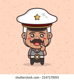 Cute police cartoon character. Saranghae (I love you). Korean sign. Isolated vector illustration on cream background.