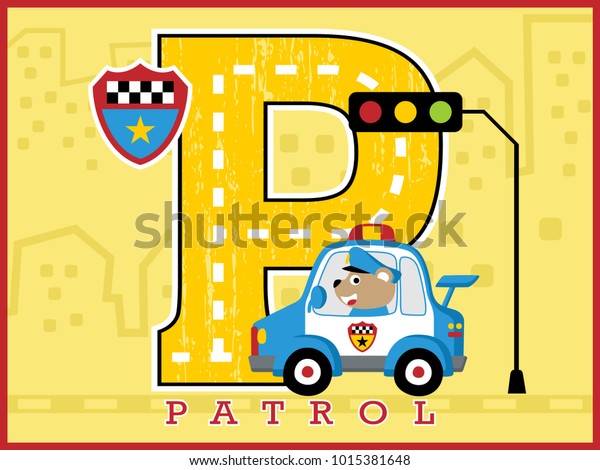 cute police cartoon vector on patrol car with
big alphabet