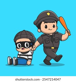 Cute Police Catching Thief With Baseball Bat Cartoon Vector 
Icon Illustration. People Holiday Icon Concept Isolated 
Premium Vector. Flat Cartoon Style 