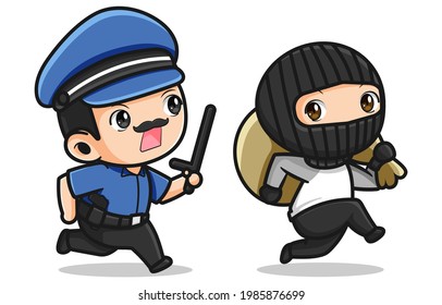 Cute police chasing thief vector design