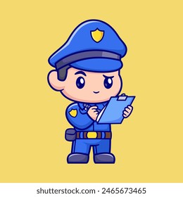 Cute Police Holding Clipboard Cartoon Vector Icon Illustration. People Profession Icon Concept Isolated Premium Vector. Flat Cartoon Style