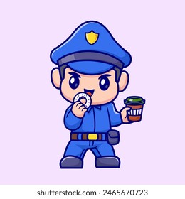 Cute Police Holding Donut And Coffee Cartoon Vector Icon Illustration. People Food Icon Concept Isolated Premium Vector. Flat Cartoon Style