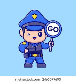 Cute Police Holding Go Traffic Sign Cartoon Vector Icon Illustration. People Profession Icon Concept Isolated Premium Vector. Flat Cartoon Style