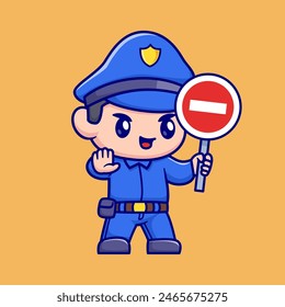 Cute Police Holding No Entry Sign Cartoon Vector Icon Illustration. People Profession Icon Concept Isolated Premium Vector. Flat Cartoon Style