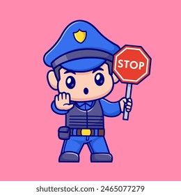 Cute Police Holding Stop Sign Cartoon Vector Icon Illustration. People Profession Icon Concept Isolated Premium Vector. Flat Cartoon Style