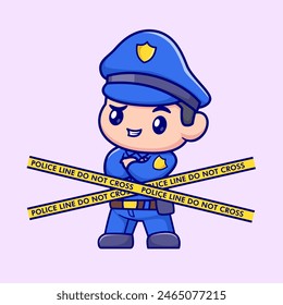 Cute Police With Police Line Cartoon Vector Icon Illustration. People Profession Icon Concept Isolated Premium Vector. Flat Cartoon Style