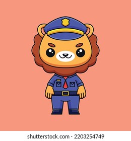 cute police lion cartoon doodle hand drawn concept vector kawaii icon illustration