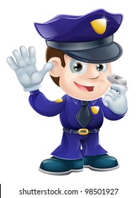 A cute police man character holding a whistle and waving or doing a stop gesture