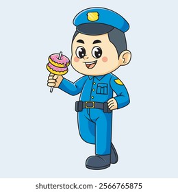 cute police man eating donuts. vector illustration people profession