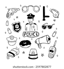 Cute Police Man With Related Object In Doodle Style