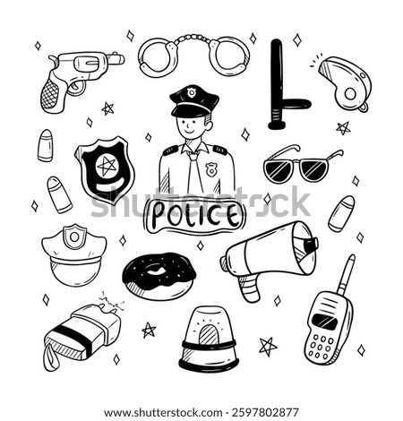 Cute Police Man With Related Object In Doodle Style