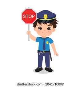 Cute police man with stop sign. Flat vector cartoon design