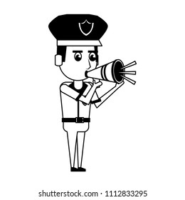 Cute police officer cartoon in black and white