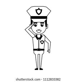 Cute police officer cartoon in black and white