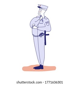 Cute police officer cartoon blue lines. Vector illustration, blue line, in cartoon style.